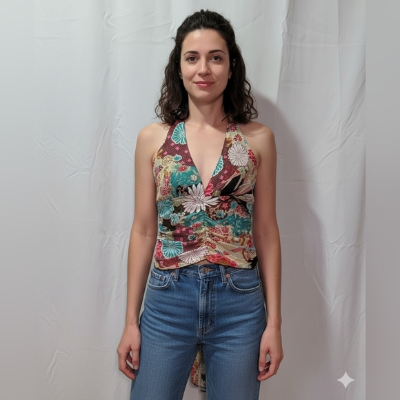 Sense Women's NWOT Vintage Floral Halter Tie Ruched V-Neck Back Tie Crop Top - Picture 1 of 9
